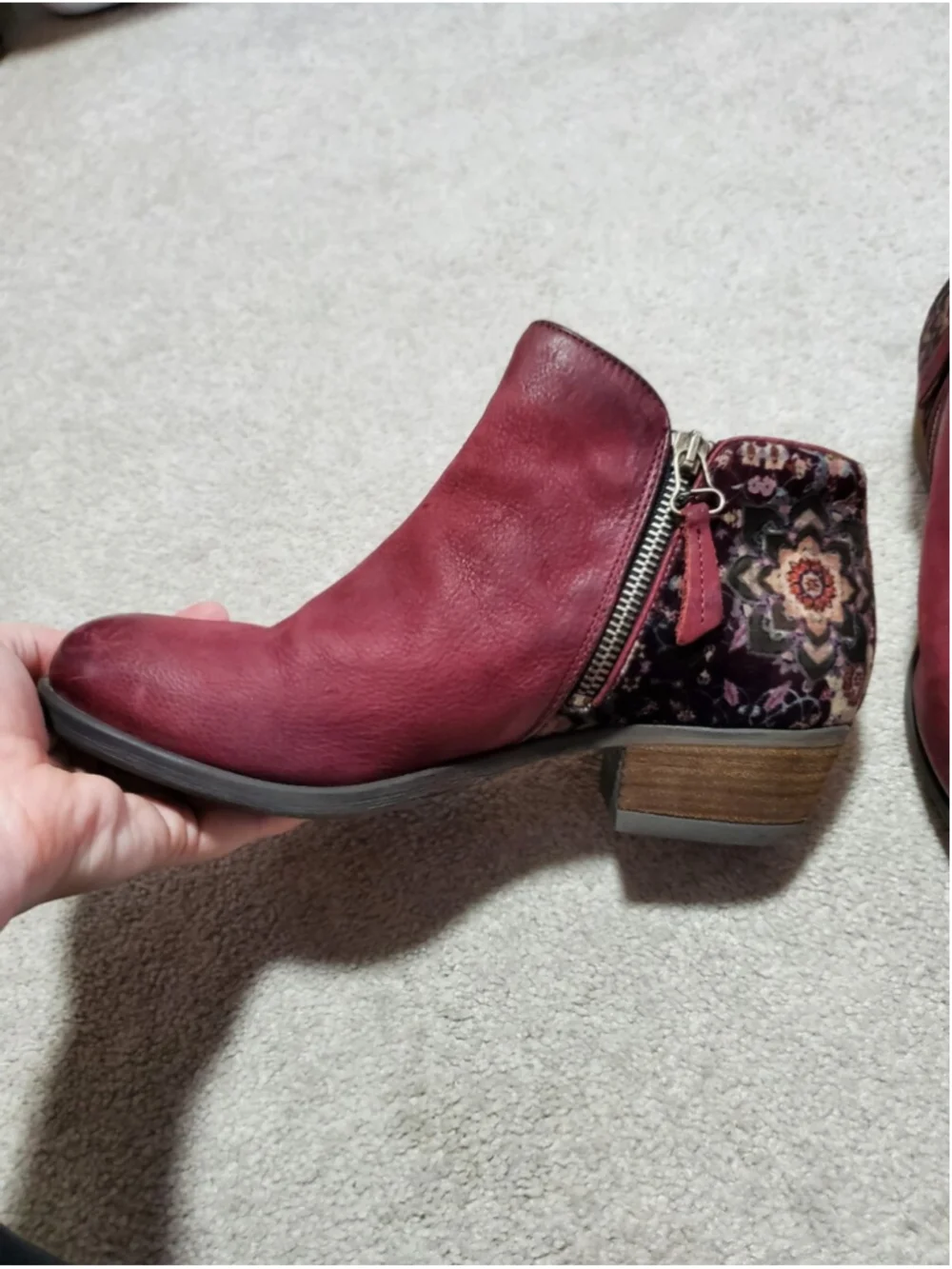 MIZ MOOZ Bangkok Leather & Floral Velvet Ankle Boots Red 39EU 8.5US Burnished